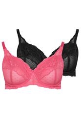 YOURS 2 PACK Plus Size Pink & Black Polka Dot Non Padded Underwired Bras | Yours Clothing 8