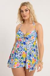 YOURS Plus Size Blue Mediterranean Tile Tankini Top | Yours Clothing 1