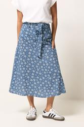 PixieGirl Petite Women's Blue Daisy Belted Midi Skirt | PixieGirl 1