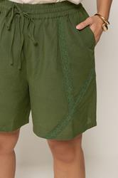 YOURS Plus Size Khaki Green Crochet Drawstring Shorts | Yours Clothing 4