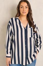 EVANS Plus Size Navy Blue & Cream Striped Shirt | Evans 3
