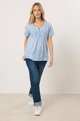 M&Co Blue Floral Short Sleeve Cotton Henley Top | M&Co 2