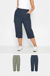 YOURS 2 PACK Plus Size Khaki Green & Navy Blue Cool Cotton Cropped Trousers | Yours Clothing 1