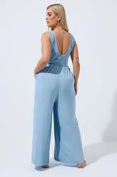 LIMITED COLLECTION Plus Size Blue Chambray Shirred Jumpsuit | Yours Clothing 2