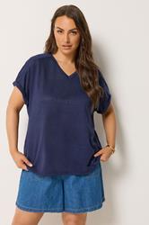 YOURS Plus Size Navy Blue Linen Look T-Shirt | Yours Clothing 3