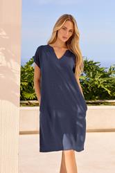 M&Co Navy Blue Notch Neck Linen Dress | M&Co 3