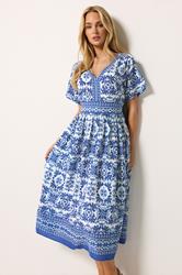 M&Co Blue & White Tile Print Midi Dress | M&Co 3