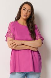 YOURS Curve Pink Crochet Sleeve Boxy T-Shirt | Yours Clothing 3