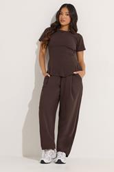 PixieGirl Petite Women's Chocolate Brown Jersey Pleated Barrel Trousers | PixieGirl 3