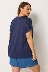 YOURS Plus Size Navy Blue Linen Look T-Shirt | Yours Clothing 2