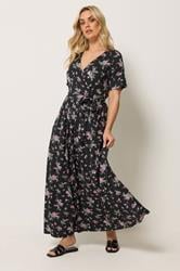 YOURS Plus Size Black & Pink Floral Wrap Front Dress | Yours Clothing 3