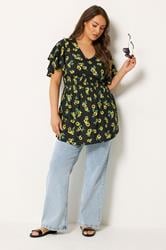YOURS Plus Size Black Sunflower Print Flutter Sleeve Top | Yours Clothing 2