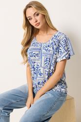 M&Co White & Blue Abstract Print Cotton Scoop Neck Top | M&Co 3