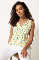 M&Co Yellow Lemon Print Sleeveless Cotton Henley Top | M&Co 3