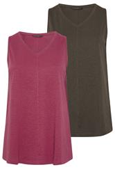 EVANS Plus Size 2 Pack Brown & Berry Red Cotton Vest Tops 7