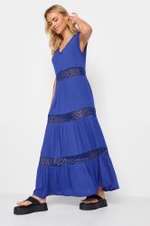 PixieGirl Petite Women's Blue Crochet Trim Tiered Cotton Maxi Dress | PixieGirl 1