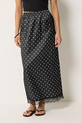 PixieGirl Petite Women's Black Polka Dot Satin Maxi Skirt | PixieGirl 1