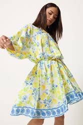 PixieGirl Petite Women's White Lemon Print Shirt Mini Dress | PixieGirl 3