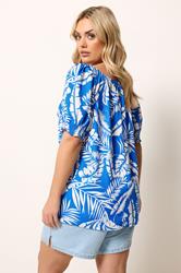 YOURS Plus Size Dark Blue Palm Leaf Tie Neck Blouse | Yours Clothing 2