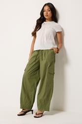 PixieGirl Petite Women's Khaki Green Poplin Cotton Cargo Barrel Leg Trousers | PixieGirl 3