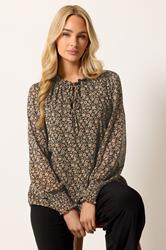 M&Co Brown Floral Tie Neck Blouse | M&Co 3
