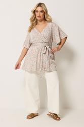 YOURS Plus Size Natural Brown Floral Textured Wrap Top | Yours Clothing 1