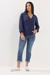 M&Co Petite Navy Blue Broderie Sleeve Cotton Shirt | M&Co 1