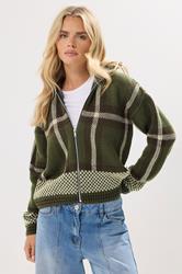 PixieGirl Petite Women's Green Knitted Check Zip Cardigan | PixieGirl 3