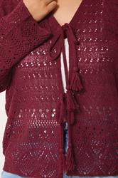 YOURS Plus Size Burgundy Red Pointelle Knitted Tie Cardigan | Yours Clothing 4