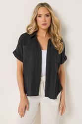 LTS Tall Women's Black Cheesecloth Grown-On Sleeve Cotton Shirt | Long Tall Sally 3
