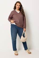 YOURS Plus Size Dark Pink V-Neck Soft Touch Jumper | Yours Clothing 1