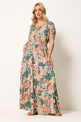 YOURS Plus Size Cream Leaf Tie Neck Bardot Maxi Dress | Yours Clothing 3