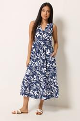 M&Co Petite Navy Blue Leaf Print Sleeveless Cotton Midi Dress | M&Co 1