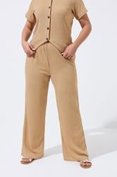 LIMITED COLLECTION Plus Size Beige Crinkle Wide Leg Trousers | Yours Clothing 1