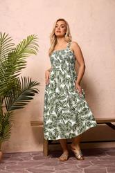 YOURS Plus Size Green Palm Leaf Shirred Linen Maxi Dress | Yours Clothing 3