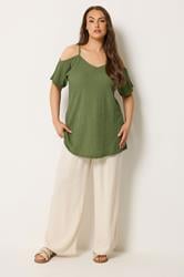 YOURS Plus Size Khaki Green Textured Cold Shoulder Top | Yours Clothing 1