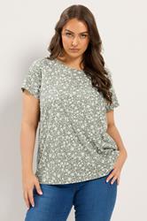 YOURS Plus Size Sage Green Ditsy Floral Basic T-Shirt | Yours Clothing 3