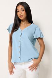 M&Co Petite Blue Cotton Frill Sleeve Shirt | M&Co 3