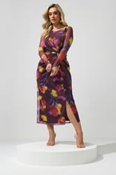 YOURS LONDON Plus Size Purple Abstract Floral Mesh Side Knot Midi Dress | Yours Clothing 1