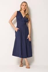 LTS Tall Women's Navy Blue Cotton Pleated Midi Dress | Long Tall Sally 2
