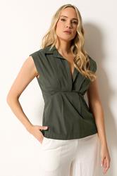 LTS Tall Women's Olive Green Open Collar Cotton Pleated Shirt | Long Tall Sally 3