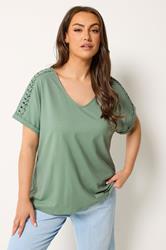 YOURS Plus Size Sage Green Lattice Grown On Sleeve T-Shirt | Yours Clothing 3