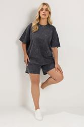 YOURS Plus Size Grey Acid Wash Sweat T-Shirt And Short Set | Yours Clothing 1