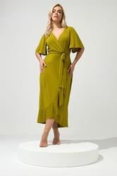 YOURS LONDON Plus Size Chartreuse Green Short Sleeve Ruffle Wrap Maxi Dress | Yours Clothing 2