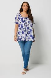 YOURS Plus Size Dark Blue Floral Short Sleeve Pintuck Blouse | Yours Clothing 1