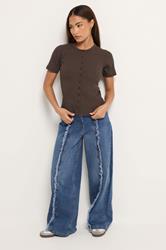 PixieGirl Petite Women's Mid Blue Frayed Seam Wide Leg Jeans | PixieGirl 1