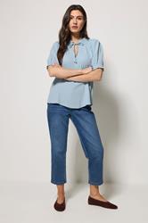 M&Co Blue Pastel Tie Neck Frill Sleeve Blouse | M&Co 1