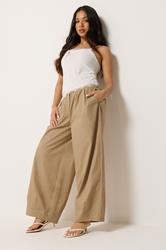 PixieGirl Petite Women's Stone Brown Pleated Cotton Barrel Trousers | PixieGirl  3