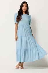 PixieGirl Petite Women's Light Blue Polka Dot Tiered Maxi Dress | PixieGirl 1