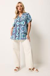 YOURS Plus Size Blue Tile Print Boxy Textured Shirt | Yours Clothing 1